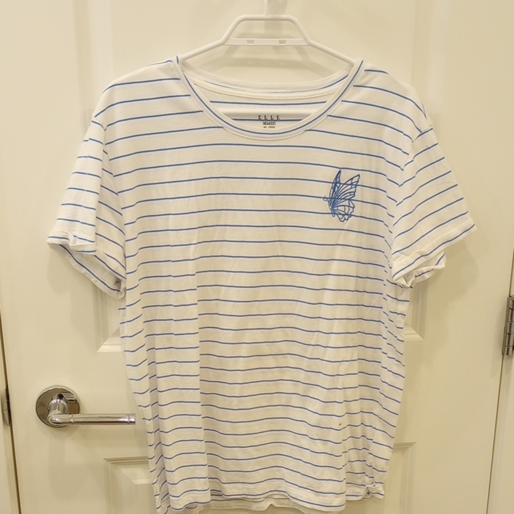 Elle Striped White And Blue Top with Blue Butterfly Womens XL